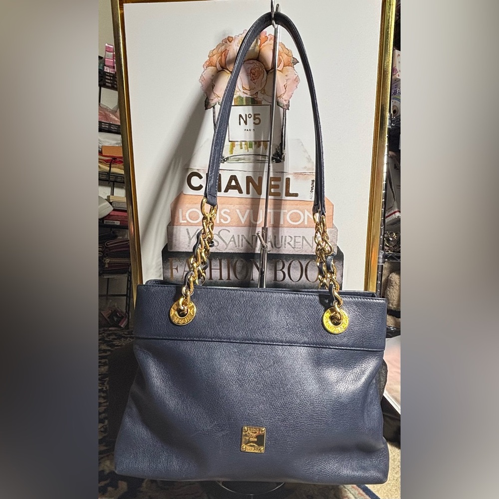 MCM Navy Blue Leather Tote Bag with suede interior